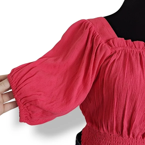 Band Of Gypsies Smocked Hot Coral Square Neck Puffy Sleeve Top Size Small - Picture 7 of 11
